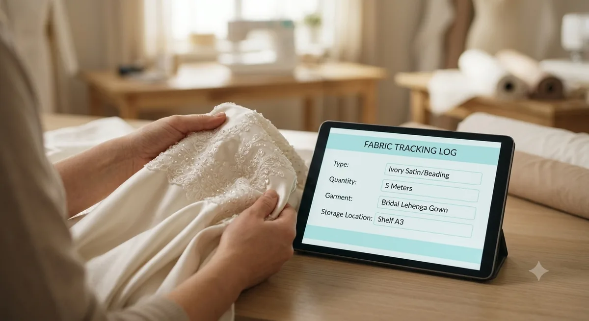 Close-up of bridal silk fabric being logged against a digital order profile on a tablet, with quantity and storage location tagged