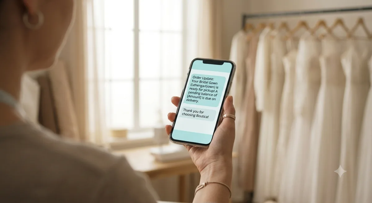 Boutique owner's phone showing an automatic WhatsApp notification with order-ready status and pending balance amount