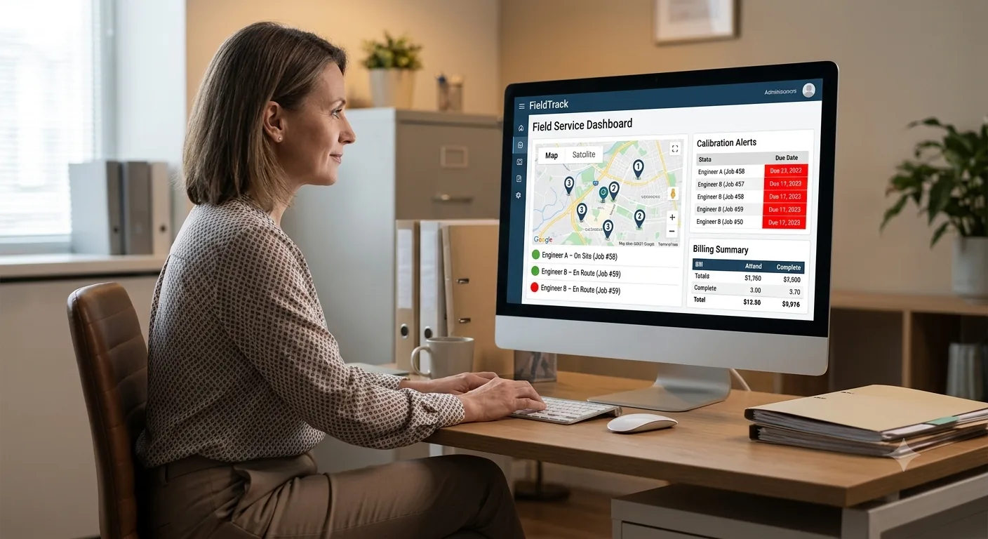 An admin dashboard showing engineer locations on a map, calibration alerts, and a billing summary