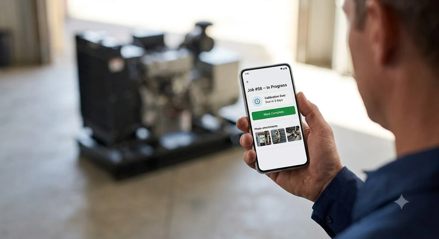An engineer viewing job status, calibration due date, and photo attachments on a mobile app