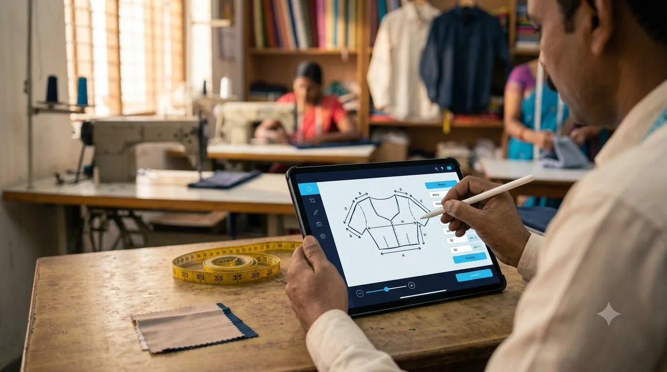 Tailor drawing a blouse measurement sketch directly on a tablet screen with a stylus