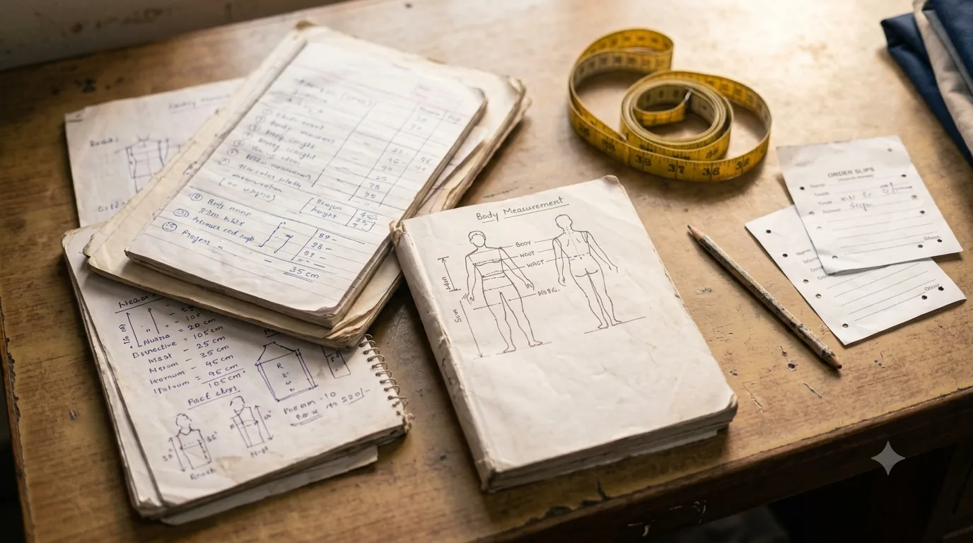 Worn measurement notebooks with hand-drawn sketches, a measuring tape, and loose paper order slips on a tailor's desk