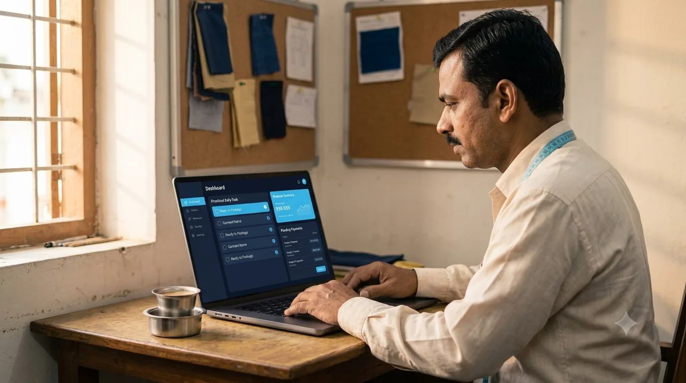 Shop owner reviewing a daily priority dashboard and pending payments report on a laptop