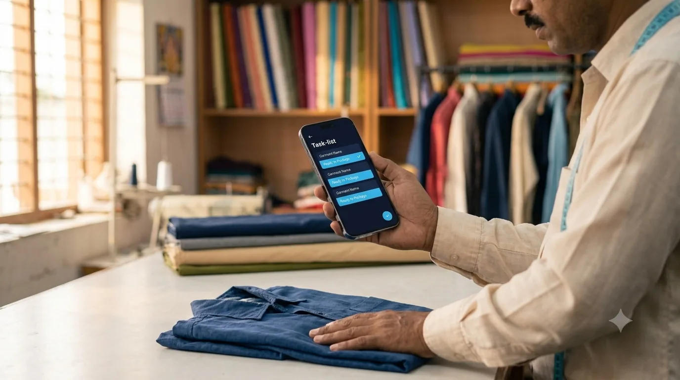 Staff member checking an assigned garment task list on a mobile phone next to a folded finished garment